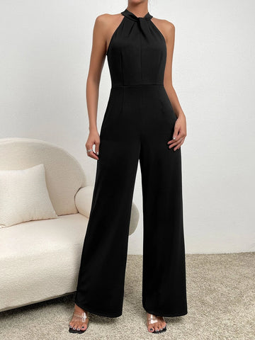 Zipper Back Halter Neck Wide Leg Jumpsuit