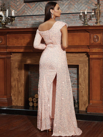 Missord Asymmetrical Neck Ruched Sequins Formal Dress
