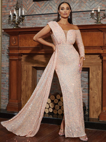 Missord Asymmetrical Neck Ruched Sequins Formal Dress