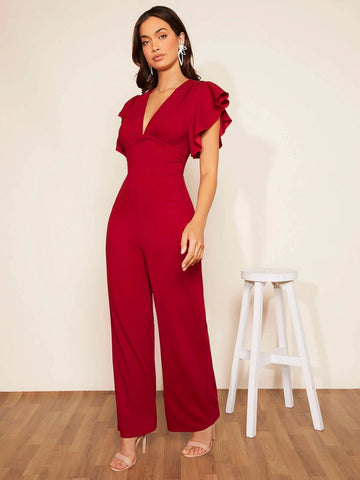 Plunging Neck Butterfly Sleeve Jumpsuit