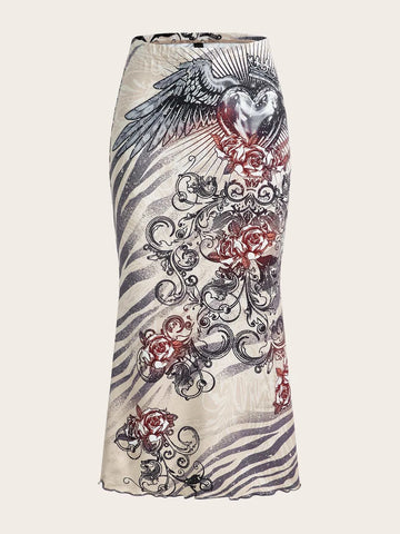 Floral & Heart Print Mermaid Skirt