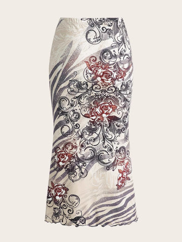 Floral & Heart Print Mermaid Skirt