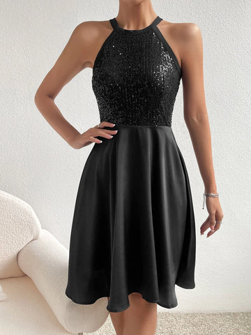 Contrast Sequin Zip Back Halter Neck Dress
