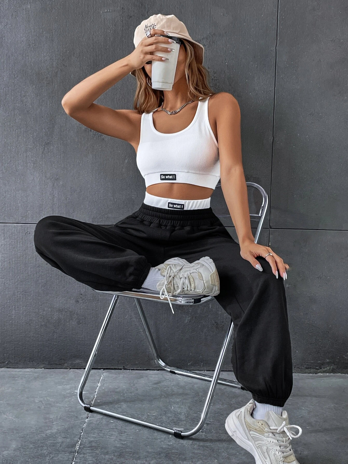 Slogan Patched Tank Top & Sweatpants