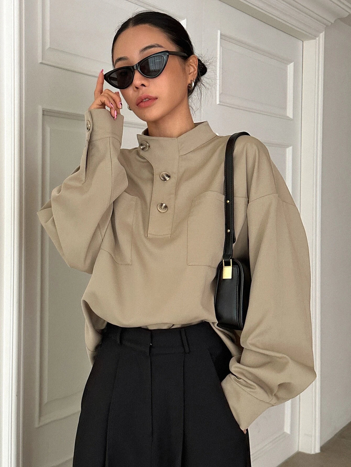 DAZY Half Button Drop Shoulder Blouse