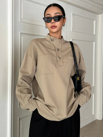 DAZY Half Button Drop Shoulder Blouse