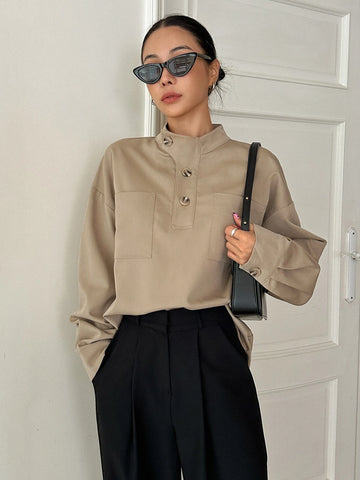 DAZY Half Button Drop Shoulder Blouse
