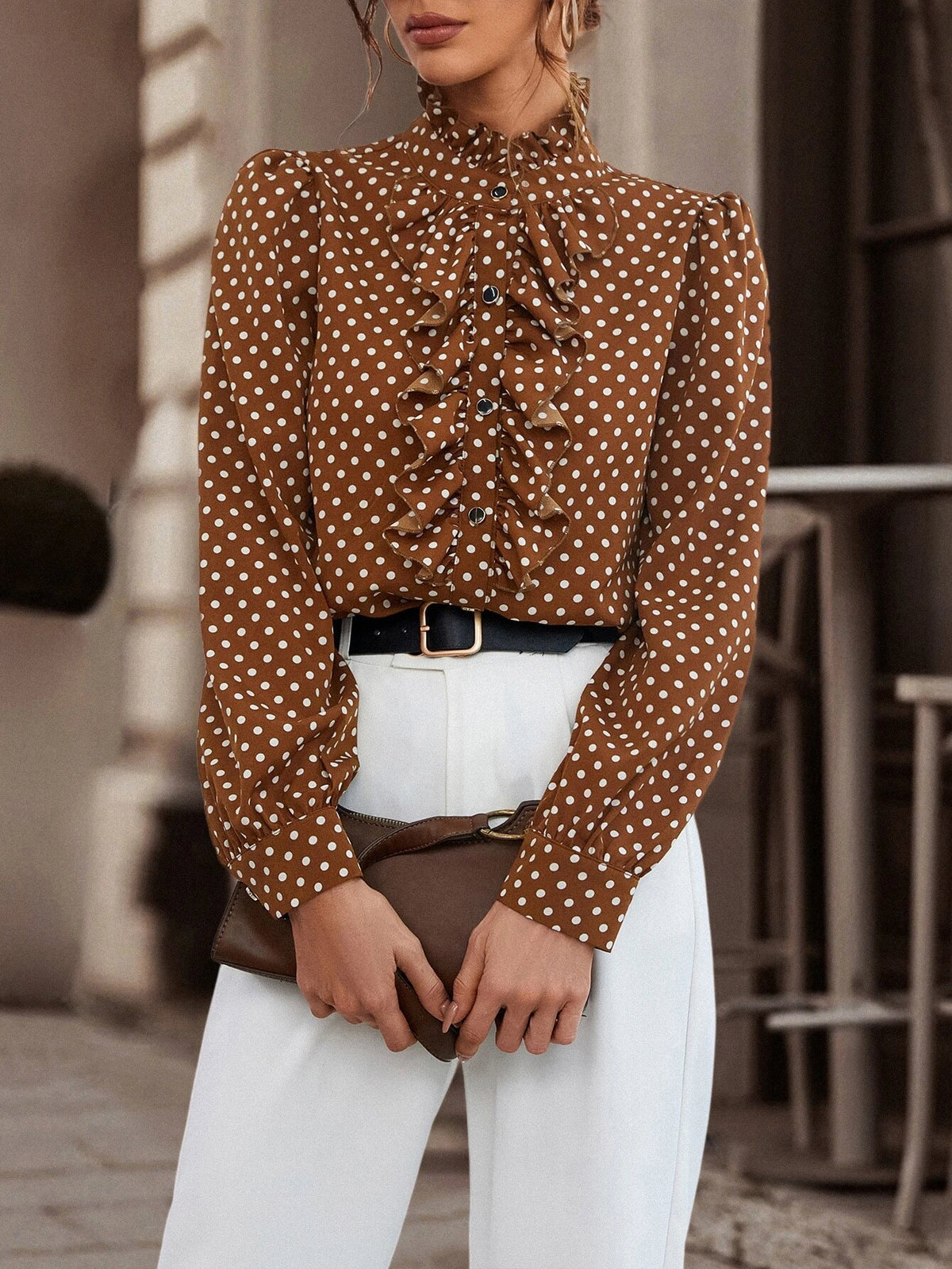 Polka Dot Ruffle Trim Shirt