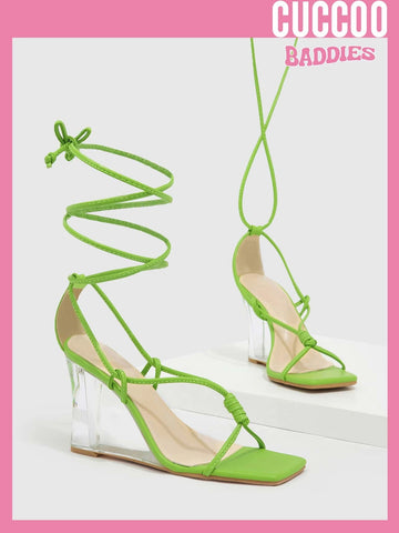 CUCCOO Baddie Collection Tie Leg Design Clear Heeled Wedge Sandals