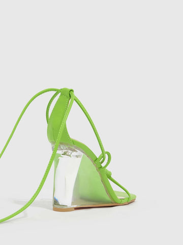 CUCCOO Baddie Collection Tie Leg Design Clear Heeled Wedge Sandals