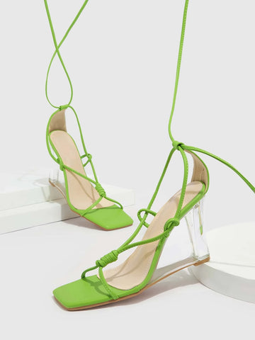 CUCCOO Baddie Collection Tie Leg Design Clear Heeled Wedge Sandals