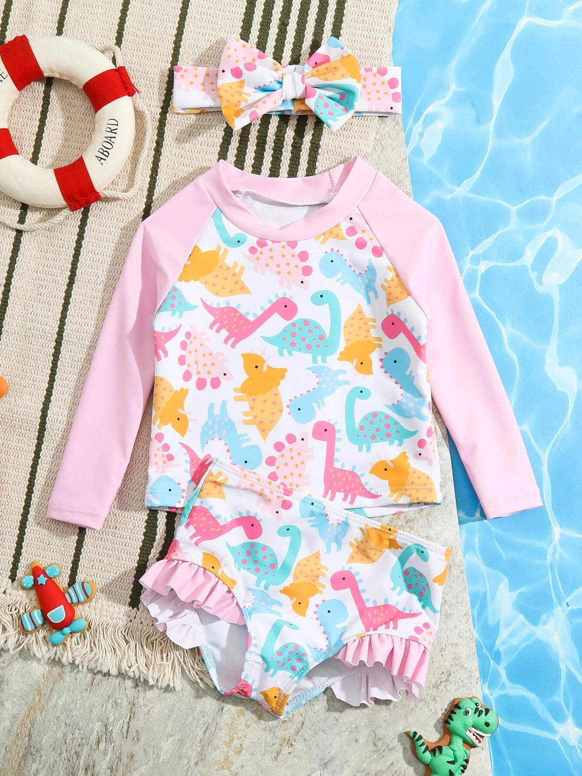 Baby Dinosaur Print Ruffle Trim Bikini Swimsuit & Accessory Headband