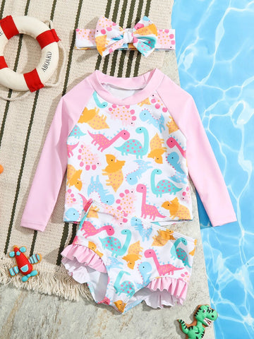 Baby Dinosaur Print Ruffle Trim Bikini Swimsuit & Accessory Headband