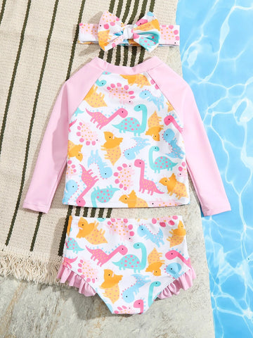 Baby Dinosaur Print Ruffle Trim Bikini Swimsuit & Accessory Headband