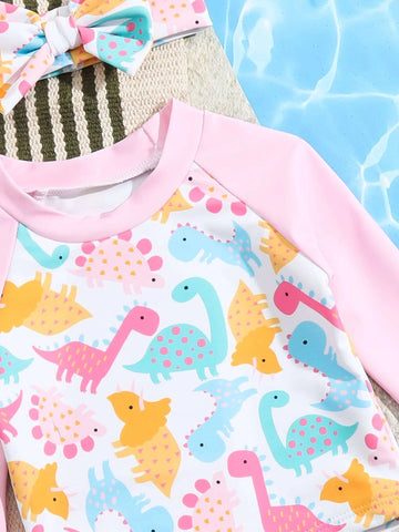 Baby Dinosaur Print Ruffle Trim Bikini Swimsuit & Accessory Headband