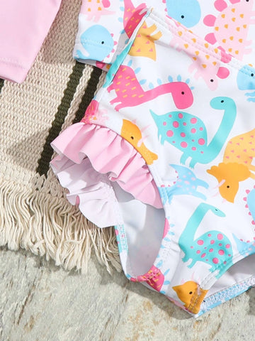 Baby Dinosaur Print Ruffle Trim Bikini Swimsuit & Accessory Headband