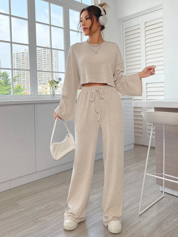 EZwear Drop Shoulder Rib Knit Crop Tee & Drawstring Waist Pants