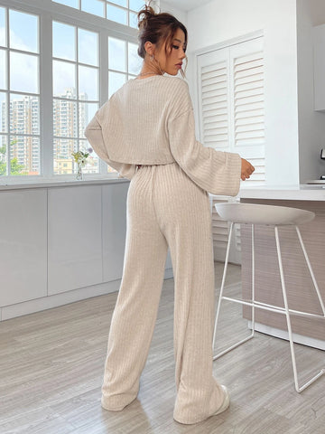 EZwear Drop Shoulder Rib Knit Crop Tee & Drawstring Waist Pants