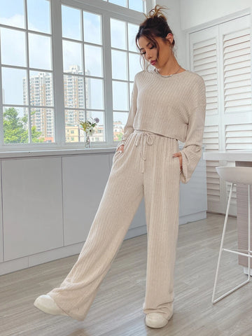 EZwear Drop Shoulder Rib Knit Crop Tee & Drawstring Waist Pants