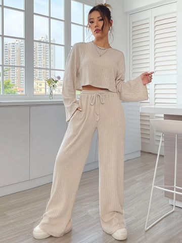 EZwear Drop Shoulder Rib Knit Crop Tee & Drawstring Waist Pants