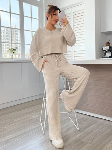 EZwear Drop Shoulder Rib Knit Crop Tee & Drawstring Waist Pants