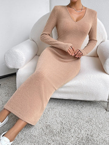 Felegant Solid V Neck Ribbed Knit Bodycon Dress
