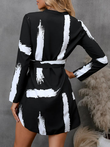 Brush Print Notched Neckline Belted Dress