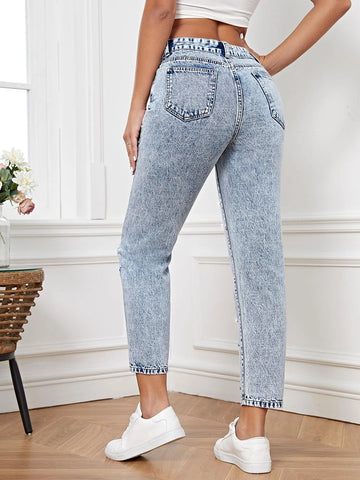 High Waist Rhinestone Detail Mom Fit Jeans
