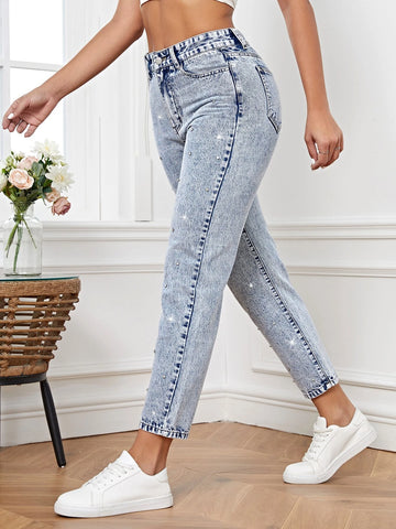 High Waist Rhinestone Detail Mom Fit Jeans