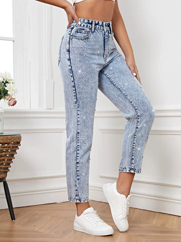 High Waist Rhinestone Detail Mom Fit Jeans