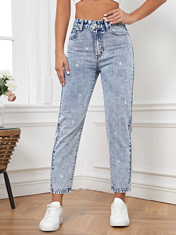 High Waist Rhinestone Detail Mom Fit Jeans