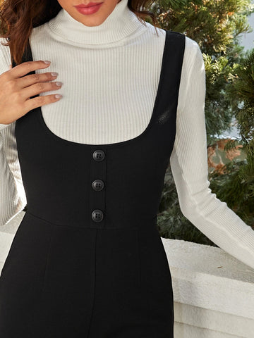 Solid Button Front Tank Jumpsuit Without Top