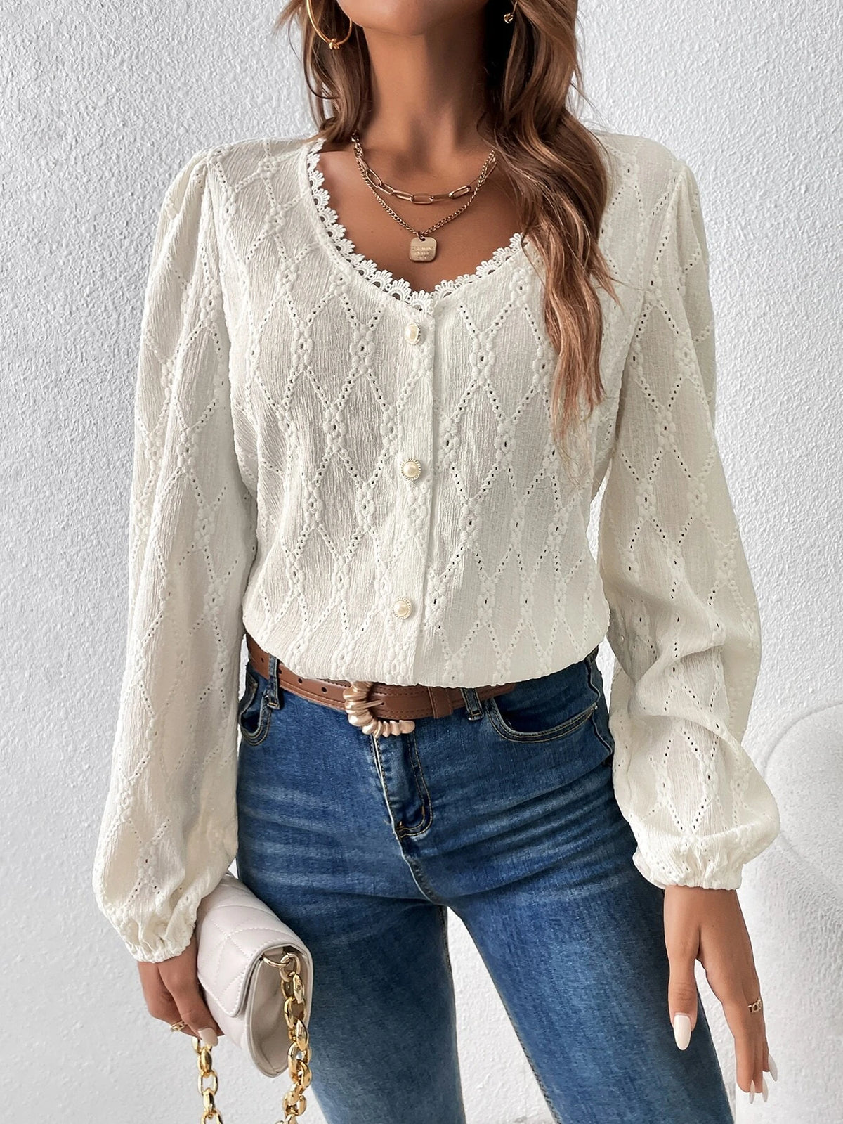 Solid Guipure Lace Trim Lantern Sleeve Blouse