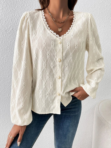 Solid Guipure Lace Trim Lantern Sleeve Blouse