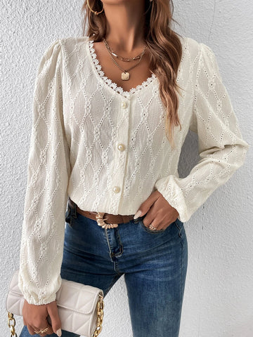 Solid Guipure Lace Trim Lantern Sleeve Blouse