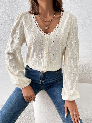 Solid Guipure Lace Trim Lantern Sleeve Blouse
