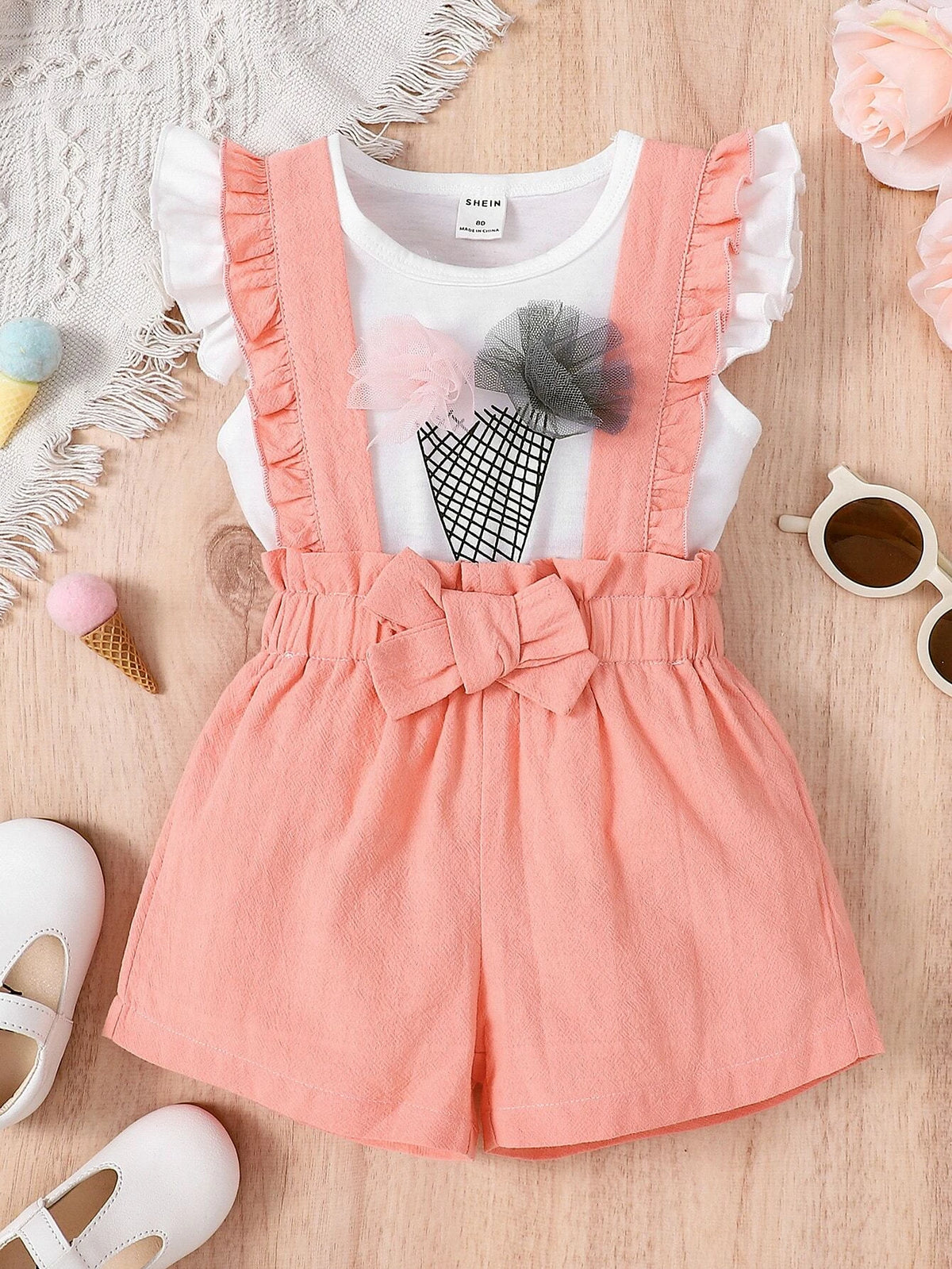 Baby Butterfly Sleeve Tee & Ruffle Trim Bow Front Overall Shorts