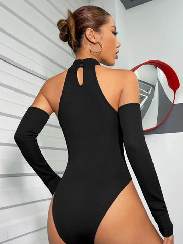 Cut Out Halter Neck Bodysuit With Arm Sleeves