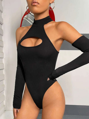 Cut Out Halter Neck Bodysuit With Arm Sleeves