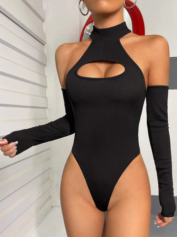 Cut Out Halter Neck Bodysuit With Arm Sleeves