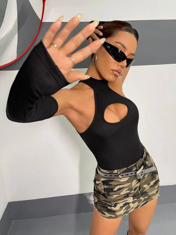 Cut Out Halter Neck Bodysuit With Arm Sleeves