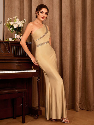 One Shoulder Contrast Sequin Mermaid Hem Formal Dress