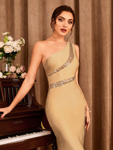 One Shoulder Contrast Sequin Mermaid Hem Formal Dress