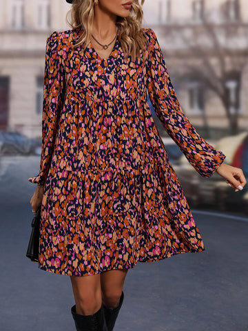 Allover Print Lantern Sleeve Smock Dress
