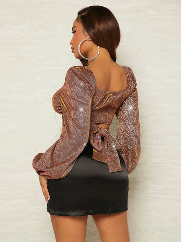 SXY Surplice Neck Tie Back Glitter Crop Top