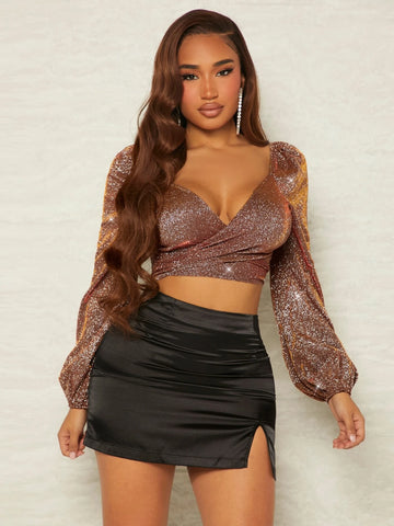 SXY Surplice Neck Tie Back Glitter Crop Top