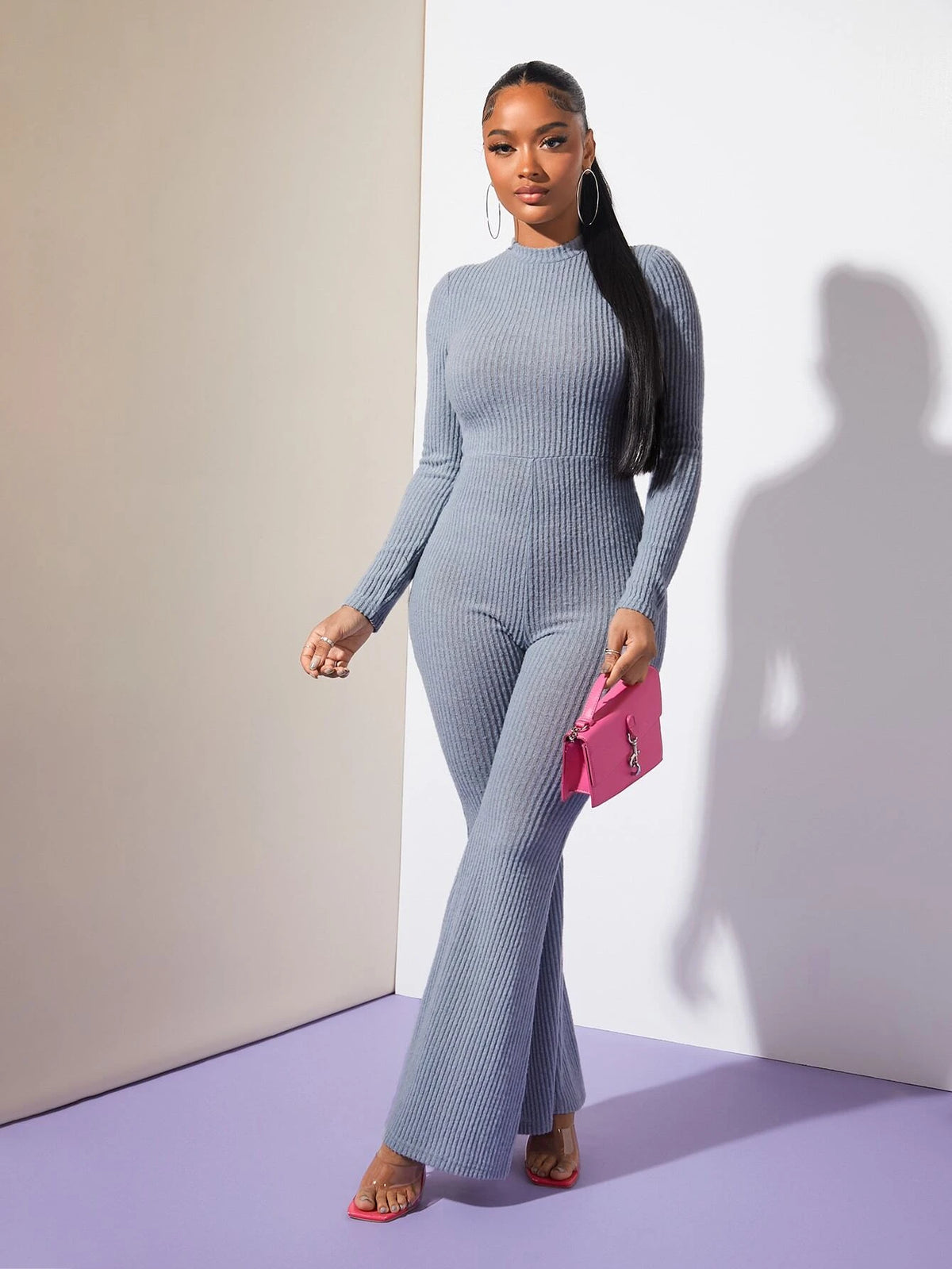 SXY Mock Neck Flare Leg Rib-knit Jumpsuit