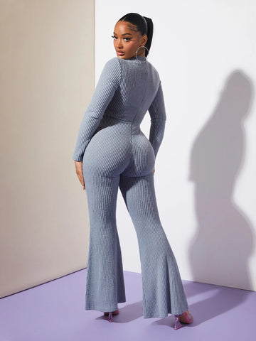 SXY Mock Neck Flare Leg Rib-knit Jumpsuit