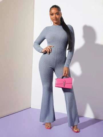 SXY Mock Neck Flare Leg Rib-knit Jumpsuit