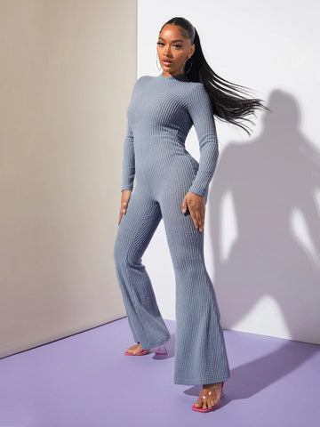 SXY Mock Neck Flare Leg Rib-knit Jumpsuit